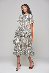 Zariah Off White Embroidered Tiered Midi Dress